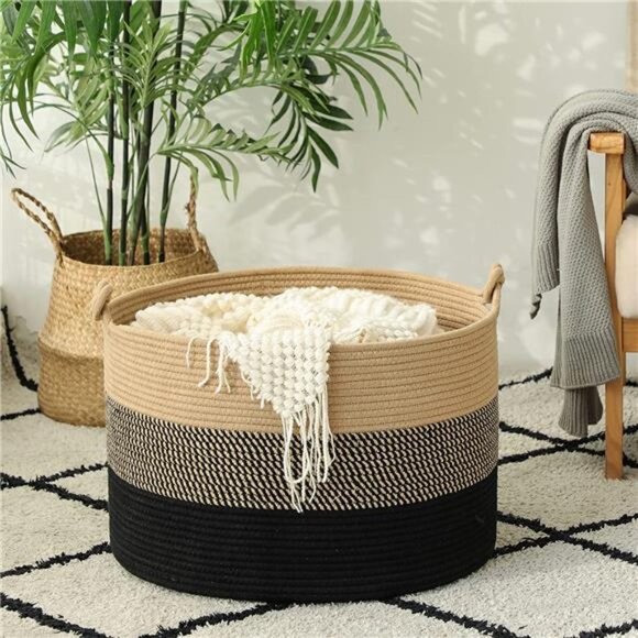 Large Blanket Basket (20"x13"),Woven Rope Baskets for storage Baby Laundry Hampe